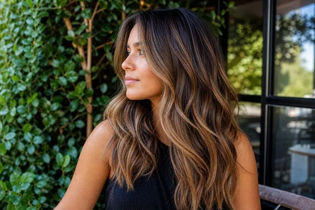 Woman with long, wavy dark brown hair featuring warm caramel balayage highlights and face-framing layers.