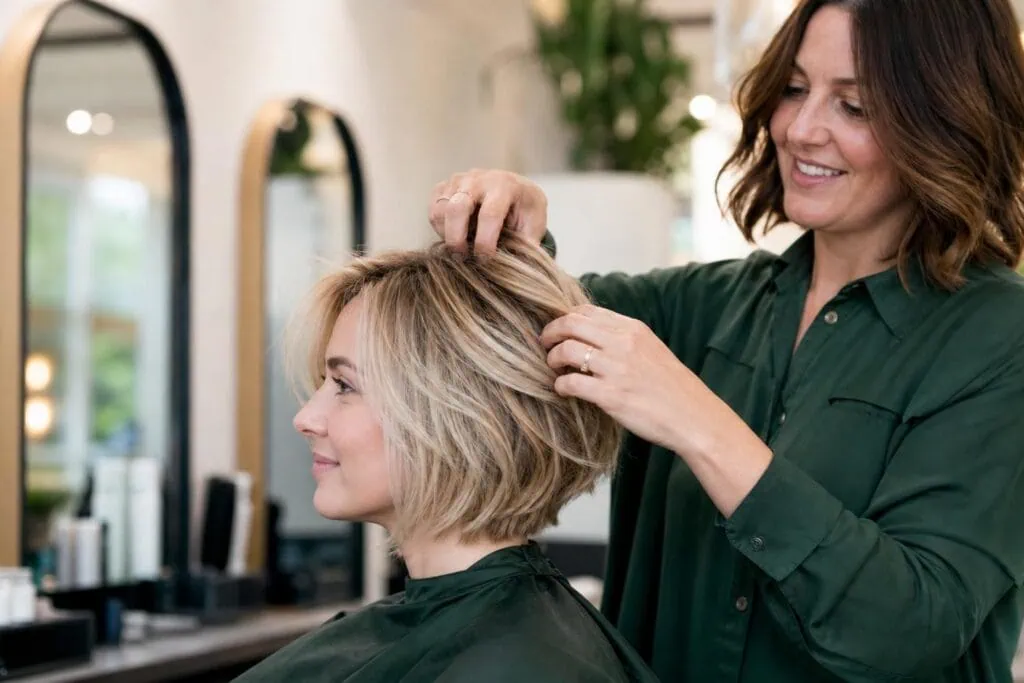 Stylist fluffing a woman's voluminous blonde bob haircut in a bright, modern salon with arched mirrors.