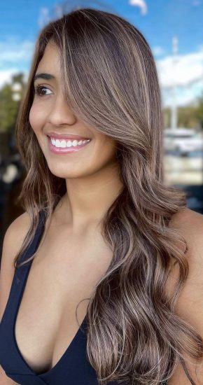 Long Brunette Haircut and Styling with Balayage Highlights
